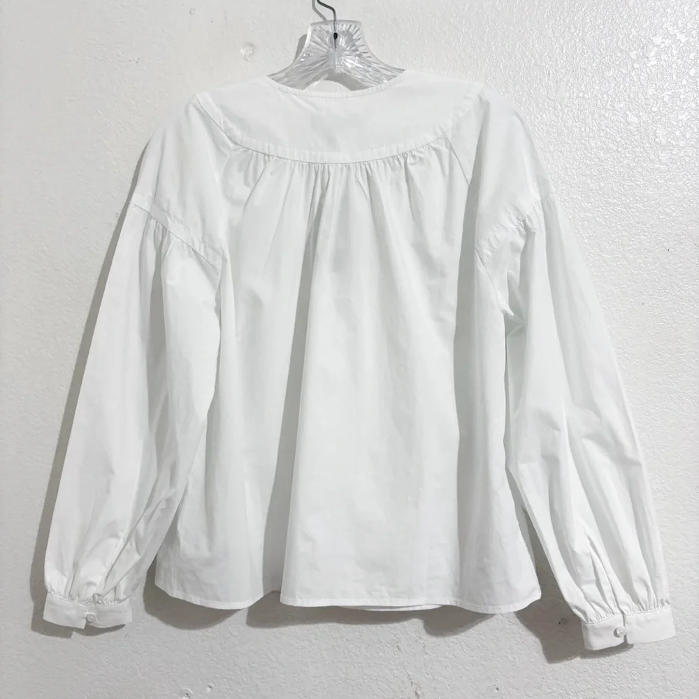 NWT J. Crew Shirred Popover Long Sleeve Cotton Poplin Top in White‎